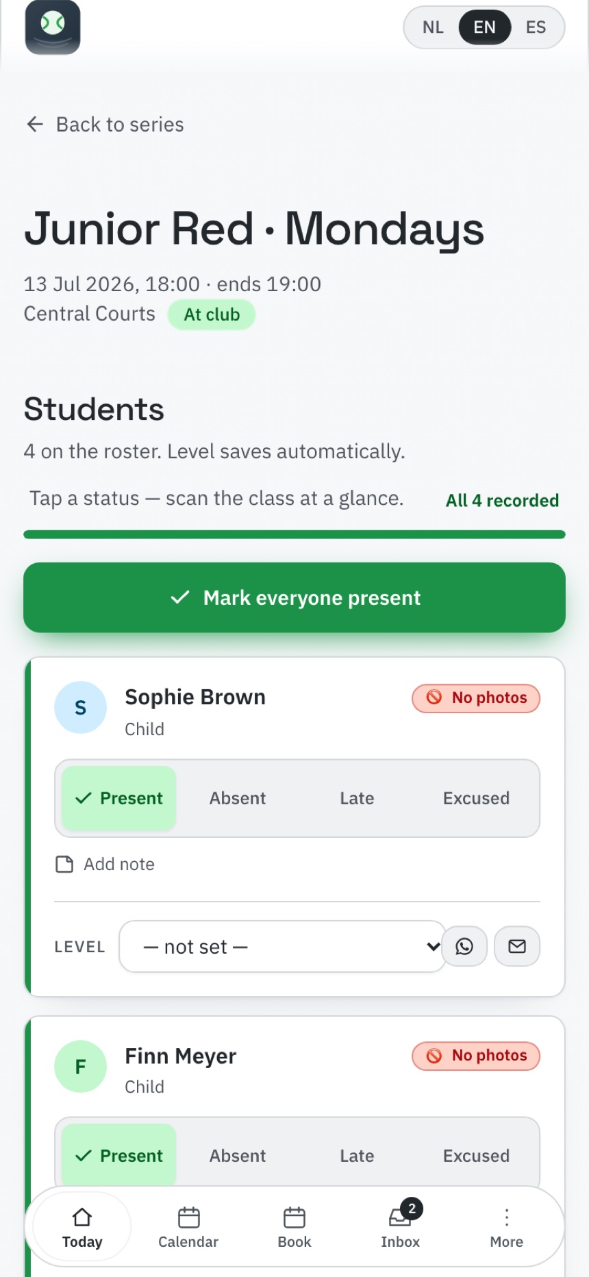 Contakt Academy coach phone view recording attendance for a Junior Red class