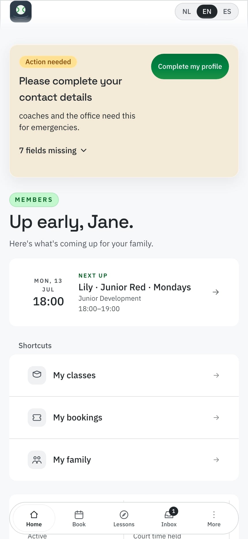 Contakt Academy member home showing family actions, lessons, bookings and inbox