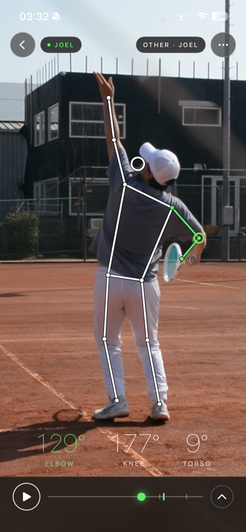 Contakt Vision analysing a tennis serve with a pose skeleton, elbow angle and contact timeline