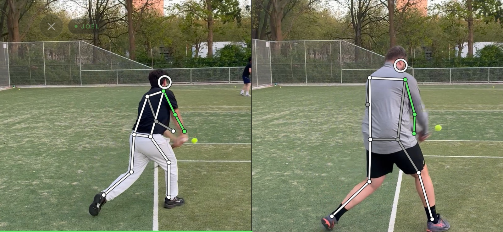 Contakt Vision split-view comparison with pose estimation over two tennis strokes